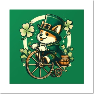 Corgi Riding a Vintage Cycle - St Patrick's Day Posters and Art